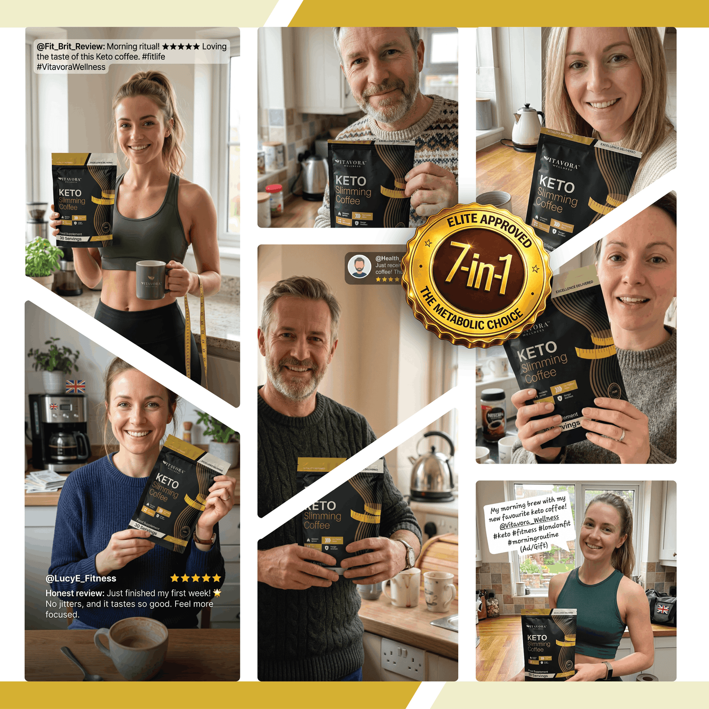 A customer review social proof collage for Vitavora Keto Slimming Coffee featuring five-star user testimonials and customers holding the product pouch, centered around a gold Elite Approved 7-in-1 Metabolic Choice wax seal stamp.