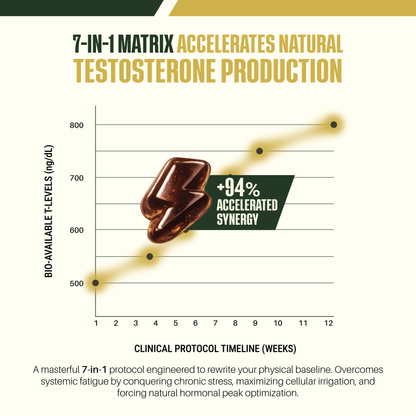 Vitavora Wellness 7-in-1 Shilajit Gummies clinical chart tracking bio-available T-levels over a 12-week timeline, showing a 94 percent accelerated synergy increase in natural male testosterone production levels.