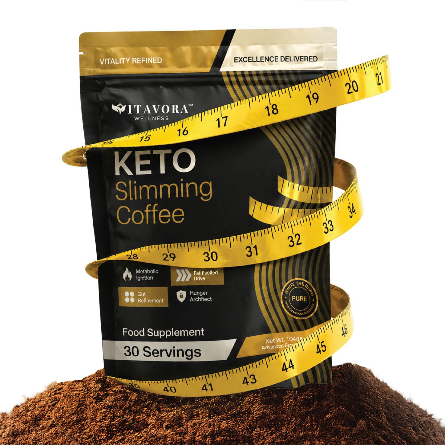 Vitavora Wellness™ 7-in-1 Keto Slimming & Metabolic Coffee pouch featuring Pure C8/C10 MCTs and healthy lipids for elite metabolic fuel and zero-crash focus.