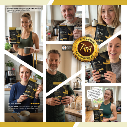 Vitavora Wellness™ Keto Slimming & Metabolic Coffee customer review collage and gold 7-in-1 Elite Approved stamp, showcasing real results from the high-performance Power Circle community.