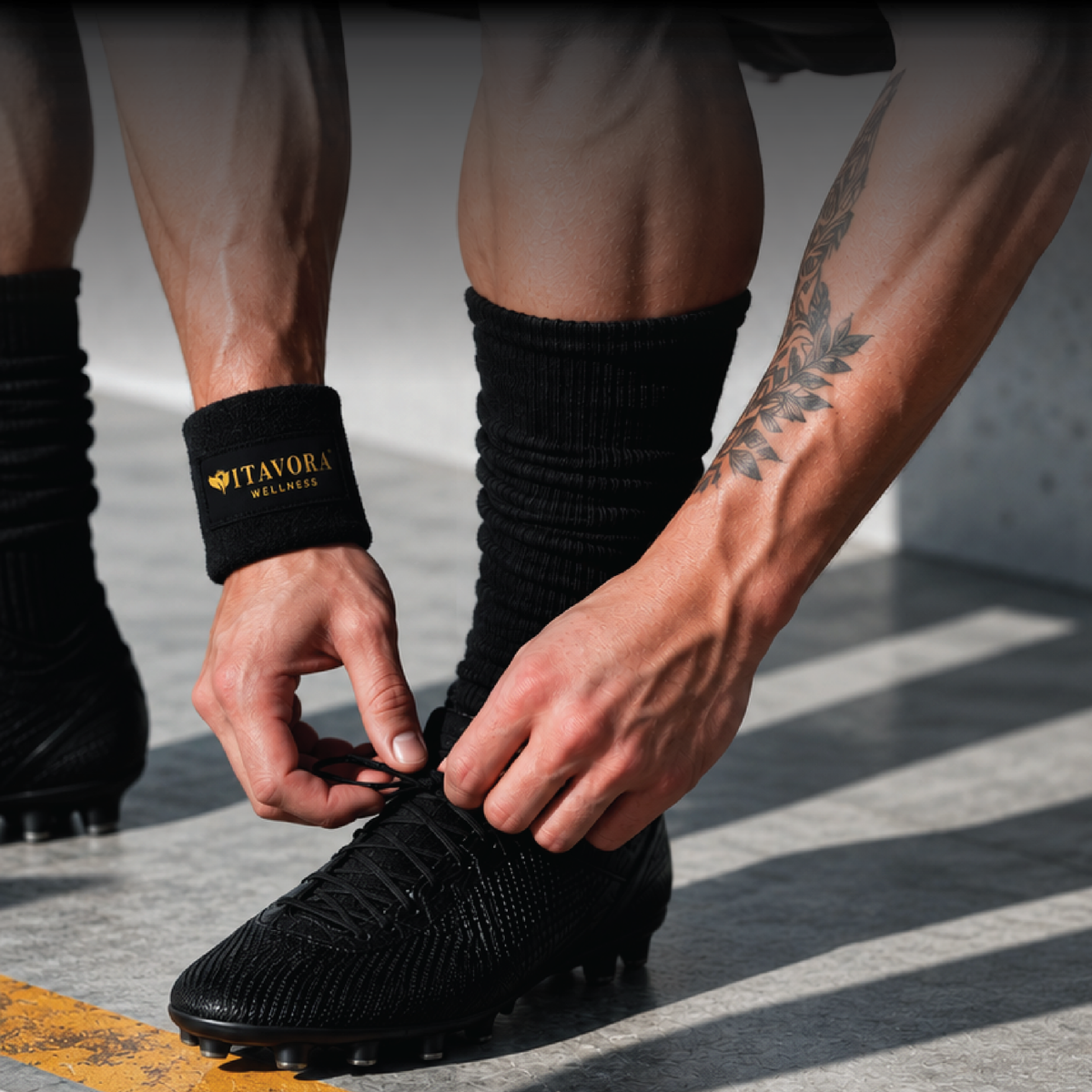 Male athlete wearing the Vitavora Wellness Power Circle Wristband while lacing up football boots, highlighting the durable terry cloth design for active use.