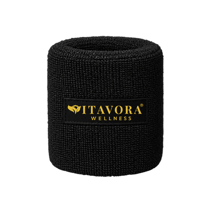 Single Vitavora Wellness Power Circle Wristband standing upright, showcasing the black and gold branded logo patch on a white studio background.