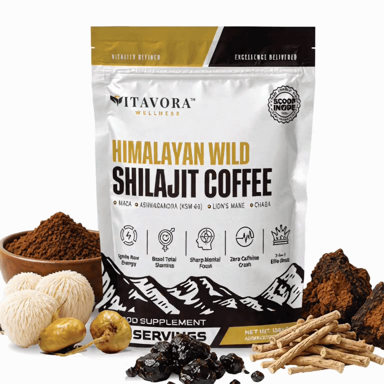 A premium storefront graphic for Vitavora Wellness Himalayan Wild Shilajit Performance Coffee showing the dark green 7-in-1 Synergy bag standing upright next to its active raw adaptogens, displaying bold callout typography for a wild resin extract matrix engineered for raw energy ignition, sharp focus, and unshakeable stamina.